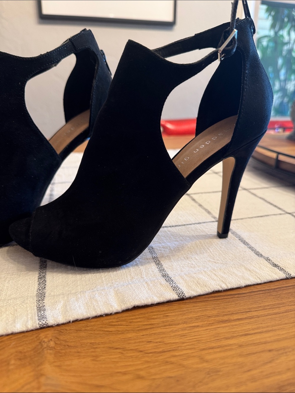 Madden Girl Black Suede Open-Toe High Heel Ankle Booties - Women